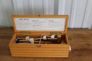 lot 24 image: vintage tabletop or parlor croquet game set housed in a wooden box