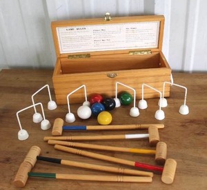 lot 24 image: vintage tabletop or parlor croquet game set housed in a wooden box