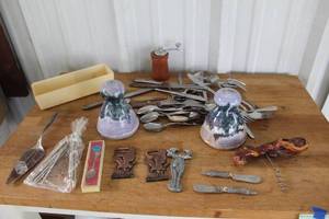 lot 53 image: Two vintage brass bottle opener featuring an eagle vintage pewter-colored moose-shaped bottle openerutensils and salt and paper shakers and much more see pictures for details