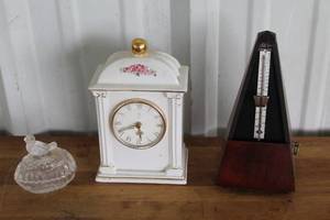 lot 64 image: vintage mechanical metronome, likely a Wittner model due to its classic pyramid design Paul Sebastian 1993 Limited Edition Porcelain Mantel Clockvintage Hofbauer Byrdes Collection crystal trinket box