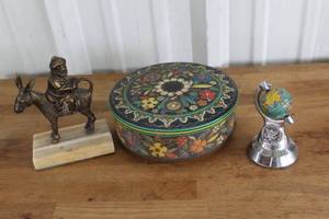 lot 71 image: vintage brass figurine depicting the Turkish folktale character Nasreddin Hodja riding a donkey backwardsvintage 1933 Chicago Worlds Fair Century of Progress souvenir spinning globe.  And more see pictures for details