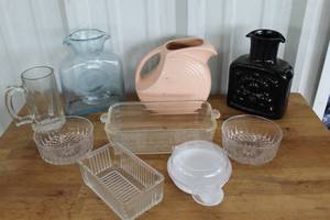 lot 74 image: Fiesta Large Disk Pitchervintage Indiana Glass Tiara Exclusives black amethyst glass double-spout pitchervintage Blenko Art Glass Water Bottle and  much more see pictures for details