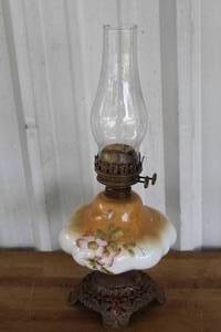 lot 137 image: antique floral kerosene oil lamp