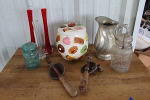 lot 166 image: Cookie Jar  vintage eggbeater style hand drills and vases and Ball Ideal Bicentennial Mason Jar and much more see pictures for details