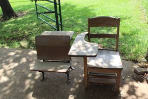 lot 412 image: antique cast iron and wood school desks, and wood school desk