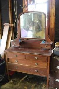 lot 413 image: vintage wooden dressing table with a mirror and drawers and vintage Leo Ward Bluebird of Happiness glass figurines