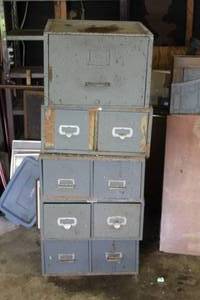 lot 414 image: vintage industrial stackable metal cabinet.