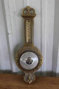lot 428 image: vintage German-made bronze banjo-style barometer and thermometer