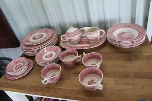 lot 431 image: Royal Staffordshire Pottery in England, specifically for their Jenny Lind 1795 pattern. red and white transferware porcelain dinner set