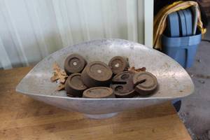 lot 439 image: vintage forged aluminum scale pan with weights goes to the scale posted with out