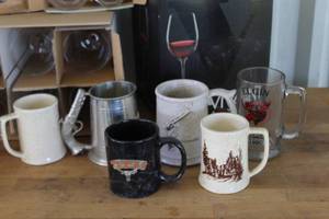 lot 458 image: variety of ceramic and glass mugs, including a prominent clear glass beer stein and more see pictures for details
