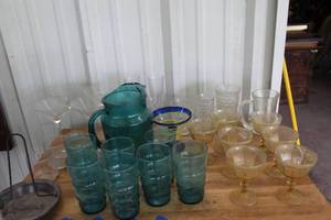 lot 543 image: Federal Glass Madrid amber depression sherbet cups and blue pitcher and tumblers set and more see pictures for details