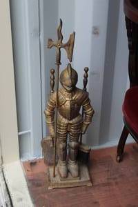 lot 591 image: vintage cast iron or brass knight in armor fireplace tool set