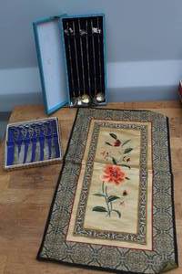 lot 631 image: dragons, seahorses utensils and set of six Japanese sterling silver iced tea spoon and Chinese embroidered silk rectangular robe tapestries with floral patterns
