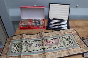 lot 632 image: vintage Siam bronze flatware knives and antique fruit or butter knives featuring mother-of-pearl handles and Chinese silk embroidery tapestries