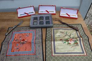 lot 633 image: 2 Chinese silk embroidery tapestries and match cases with matches and 3 Chinese cloisonn-style enameled ballpoint pen