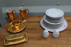 lot 647 image: gold electroplated butter dish featuring an ornate base and matching lid with a removable glass insert. And more  also a vintage dinnerware set from Japan