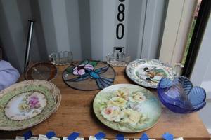 lot 666 image: Assortment of decorative plates and vintage cobalt blue pressed glass bowl, and much more see pictures for details