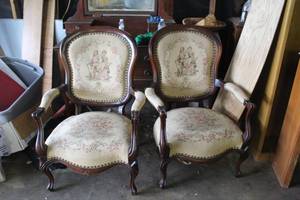 lot 685 image: antique Victorian-style upholstered armchairs with carved mahogany frames