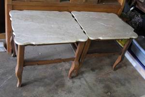 lot 695 image: set of two antique Victorian-style side tables featuring white marble tops and wood bases