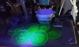 lot 154 image: vintage Heisey glass salad plates and vintage casserole dishs and vintage cast iron item is a collectible meat grinder and much more see pictures for details
