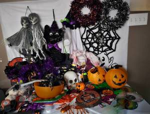 lot 178 image: Halloween Decorations, Light up Skeletons, Lights, Ghosts, Spider webs and Sparkly spiders, Signs and more