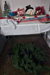 lot 184 image: Large Quantity of Christmas Decorations and 6.5ft prelit Tree. Red and Silver Ornaments, Red Ribbon for Bow Making and more