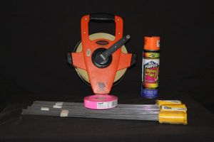lot 13 image: Keson 200ft. tape measure, Aervoe 1392 All Purpose Marking Paint, fluorescent Orange, Empire Pink Flagging Tape, and Yellow Presco 2321Y Marking Flags, 400 flags