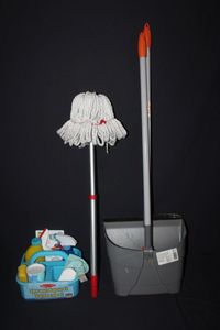 lot 91 image: Childrens Cleaning Playset, broom and dustpan, mop, Melissa and Doug cleaning caddy and cleaners
