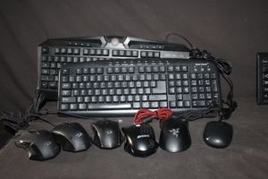 lot 105 image: Gear Head and Redragon wired Gaming Keyboards, and Redragon wired gaming mice M601 models and Razer Deathadder essential wired gaming mouse and others