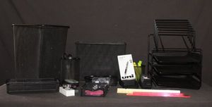 lot 146 image: Black Metal Desk Set, paper holdersorganizers, Stapler, scissors, tape dispenser, new pens and various highlights and ink pens