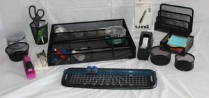 lot 147 image: Black office items, wireless keyboard, drawer organizer, tape dispenser, stapler, paperclip holders and sticky note holder, binder clips and more