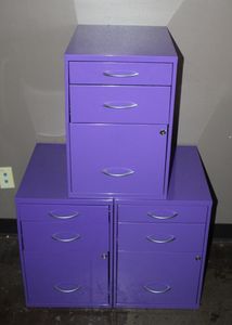 lot 153 image: Three Sets of Purple Metal Drawers with keys, bottom Drawer Fits files