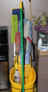 lot 256 image: Mop bucket mops and other cleaning supplies as pictured