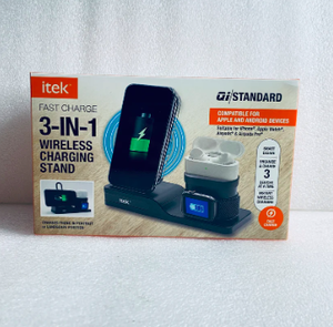 lot 10 image: New Itek 3-in-1 Qi Wireless Charging Stand, USB-C Cable, Black - As Shown
