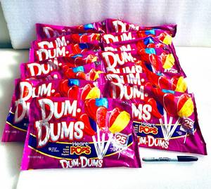 lot 39 image: Lot Of 13 - New Dum Dums Heart Pops With Writable To & From Wrappers, 325 Heart Pops Total - As Shown - (READ)