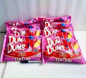 lot 41 image: Lot Of 8 - New Dum Dums Heart Pops With Writable To & From Wrappers, 200 Heart Pops Total - As Shown - (READ)