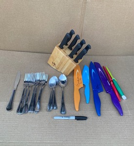 lot 111 image: Lot Of Kitchen Knives, Spoons And Forks - In Condition As Shown