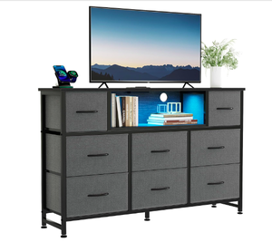 lot 157 image: DUMOS TV Stand Dresser With 8 Fabric Drawers & Open Shelves LED Entertainment Center With Charging Station Wood Top - In Condition As Shown - (MUST READ)