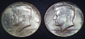 lot 66 image: Two Coins - 1969 Kennedy Half Dollar
