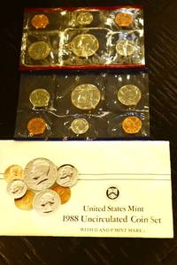 lot 77 image: 1988 Uncirculated Collector Coin Set - DP Mint - coins sealed, envelope has been opened.