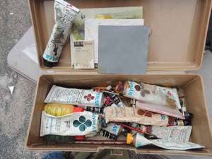 lot 74 image: Case with oil and acrylic paint plus brushes