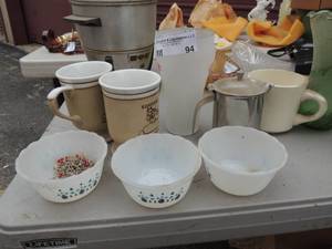 lot 94 image: Mugs, COKE cowboy mug, Fire king milk glass alpine Swiss Ramekins x3 carnival glass not included in this lot