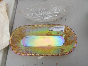 lot 95 image: Basket weave Carnival Glass Marigold oblong relish tray