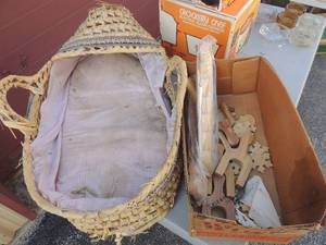 lot 33 image: Baby DOLL WICKER Basket carrier  AND  slingshot blanks and welcome sign to complete