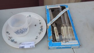 lot 119 image: Homer Laughlin plate, Federal milk glass cup regent knife set