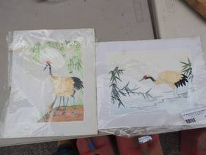 lot 238 image: Art  8x10 CRANES 8x10 hand cut and painted with wheat stalks on silk x 2