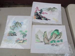 lot 240 image: Art  8x10 landscape hand cut and painted with wheat stalks on silk x 3