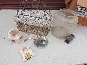 lot 266 image: Wire shelf ceramic planter glass jar