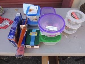 lot 299 image: Glass bowls and plastic containers scrub pad and foil